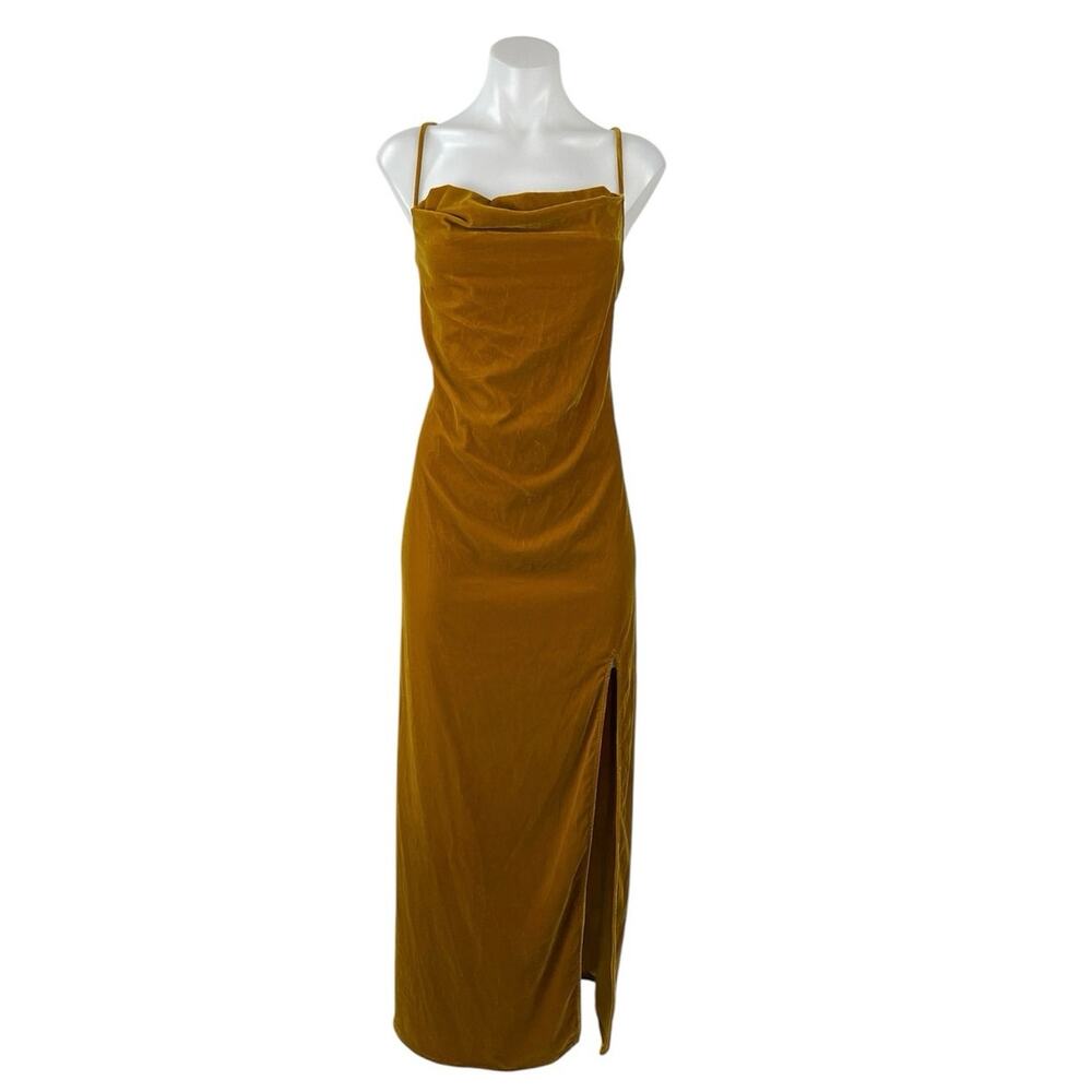 NEW Staud Gold Velvet Velour Cowl Neck Slit Lace Up Back Maxi Slip Dress Size L